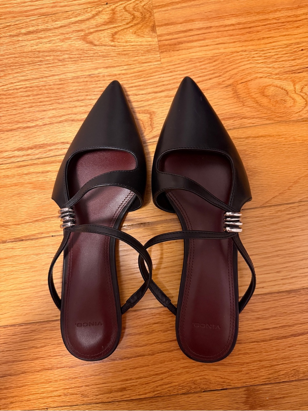 VINCE. Leather Black Pointed Toe Strappy Flats